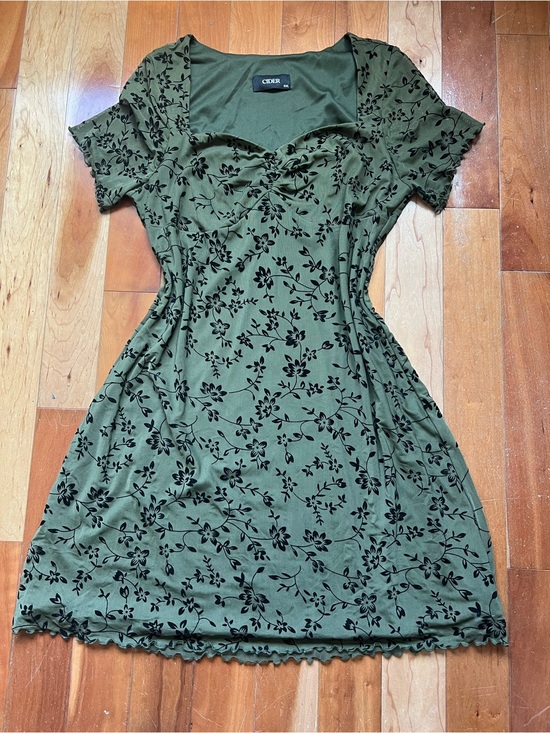 Cider Dresses & Skirts - Cider Olive Green and Black Floral Short Sleeve Dress